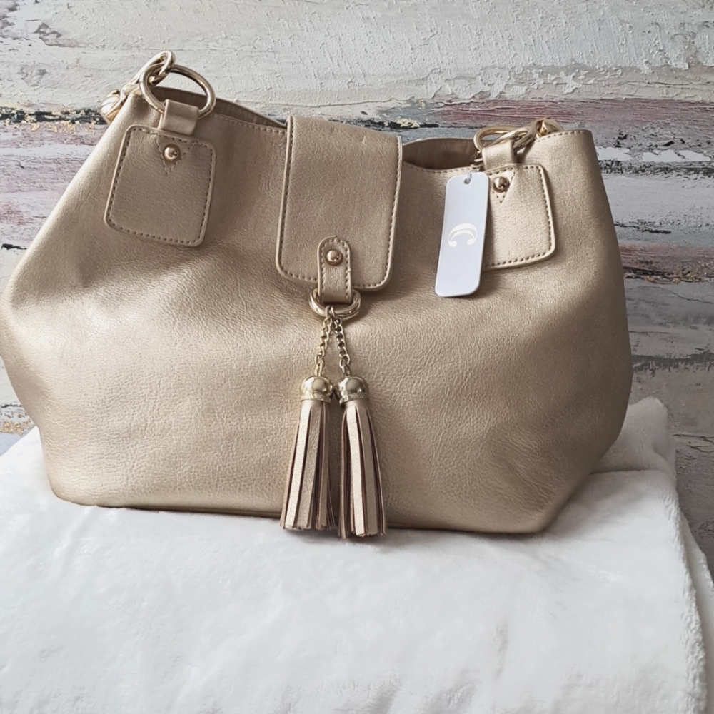 C Metallic Gold Tote with Tassel Accent